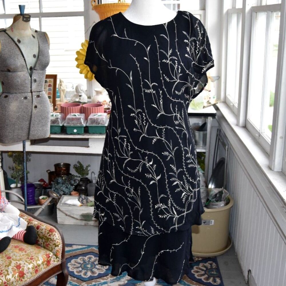 Carole Little 2pc Black Floral Vines Top & Skirt Set Evening USA M-L